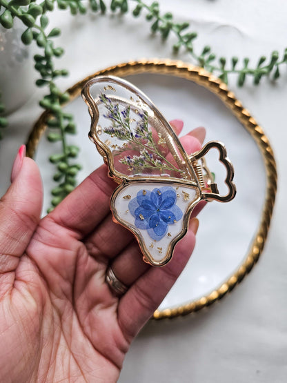 Blue Blooms Butterfly Resin Claw Clip