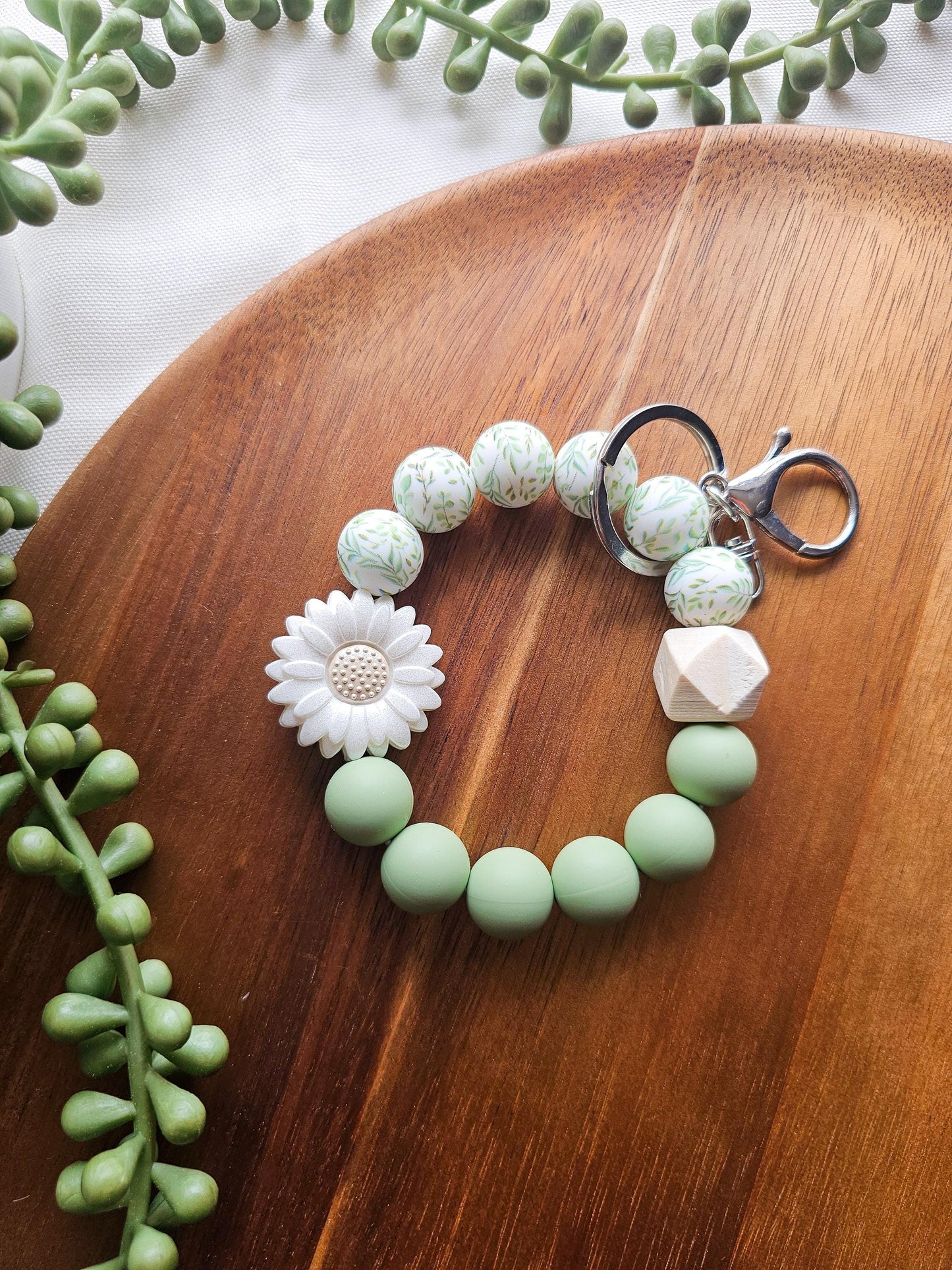 White Daisy and Eucalyptus Wristlet Keychain