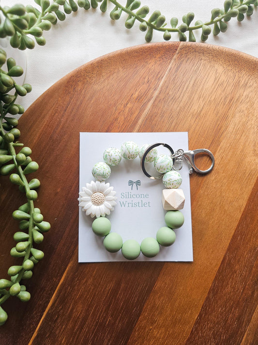 White Daisy and Eucalyptus Wristlet Keychain