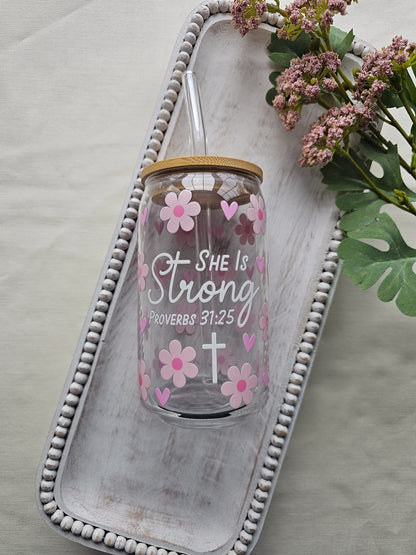 She Is Strong Glass Coffee Cup